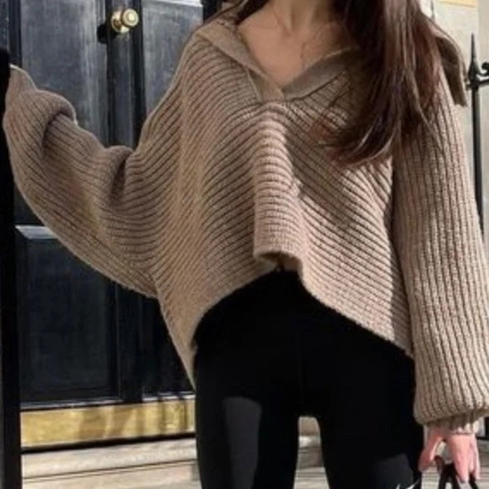 NWT House Of Harlow Oversized Collared Sweater Brown Slouchy Layering - Picture 3 of 13